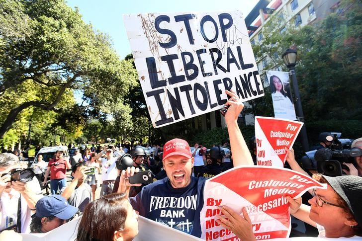 Conservative demonstrator Ben Bergquam faces off with counterprotesters following Milo Yiannopoulos' speech at the University of California in Berkeley