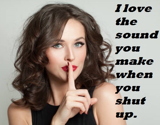 Happy woman with finger near lips, silence concept